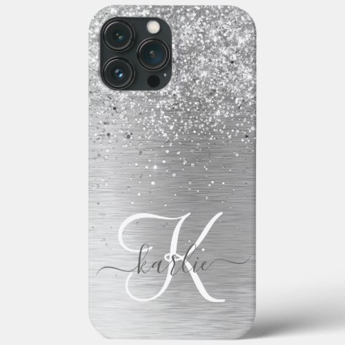 Silver Brushed Metal Glitter Monogram Name iPhone 13 Pro Max Case