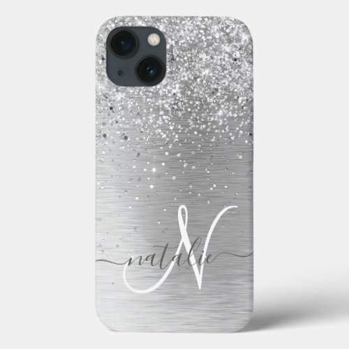 Silver Brushed Metal Glitter Monogram Name iPhone 13 Case