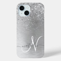 Silver Brushed Metal Glitter Monogram Name