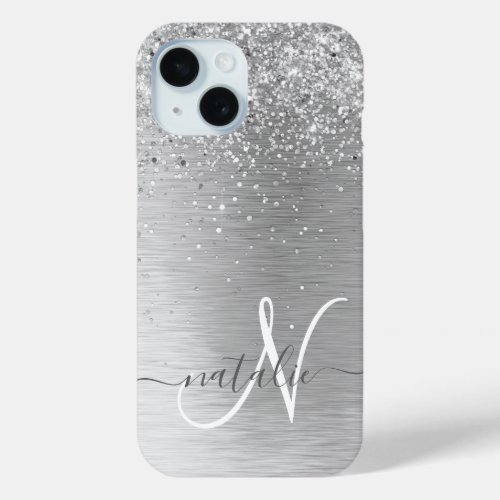 Silver Brushed Metal Glitter Monogram Name iPhone 15 Case