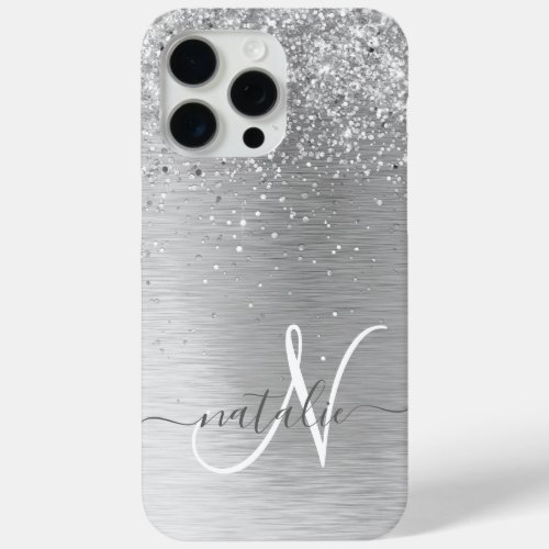 Silver Brushed Metal Glitter Monogram Name iPhone 15 Pro Max Case