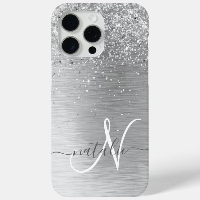 Silver Brushed Metal Glitter Monogram Name Case-Mate iPhone Case (Back)