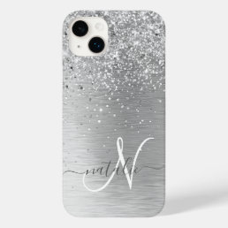 Silver Brushed Metal Glitter Monogram Name Case-Mate iPhone 14 Plus Case