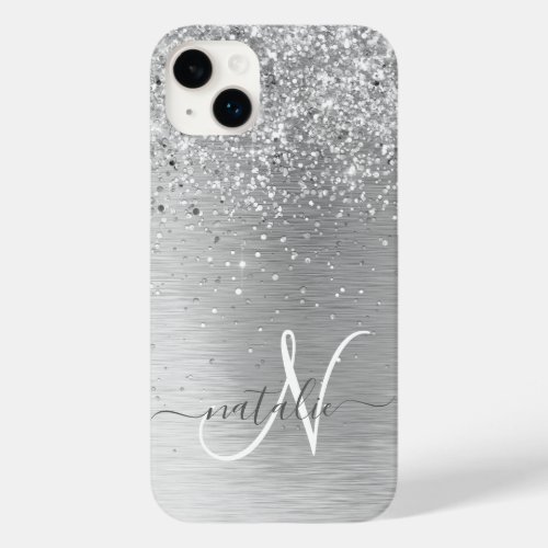 Silver Brushed Metal Glitter Monogram Name Case_Mate iPhone 14 Plus Case