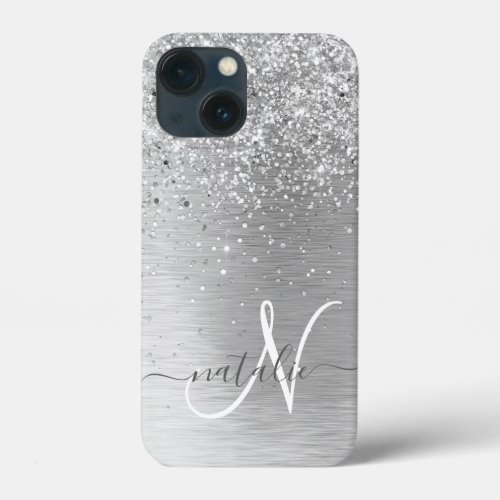 Silver Brushed Metal Glitter Monogram Name iPhone 13 Mini Case