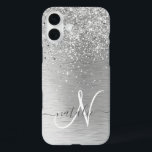Silver Brushed Metal Glitter Monogram Name iPhone 16 Plus Case<br><div class="desc">Easily personalize this trendy chic phone case design featuring pretty silver sparkling glitter on a silver brushed metallic background.</div>