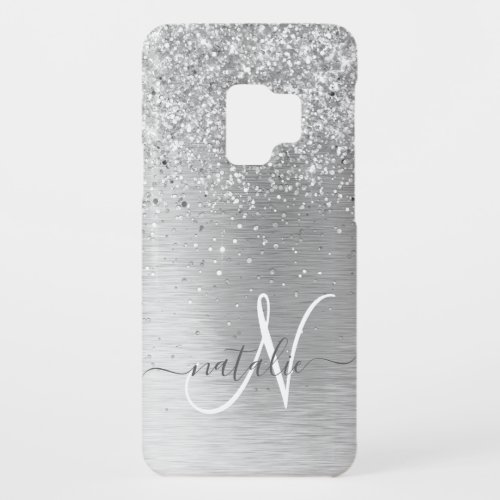 Silver Brushed Metal Glitter Monogram Name Case_Mate Samsung Galaxy S9 Case