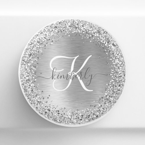 Silver Brushed Metal Glitter Monogram Name Ceramic Knob