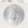 Silver Brushed Metal Glitter Monogram Name Classic Round Sticker