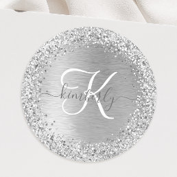 Silver Brushed Metal Glitter Monogram Name Classic Round Sticker