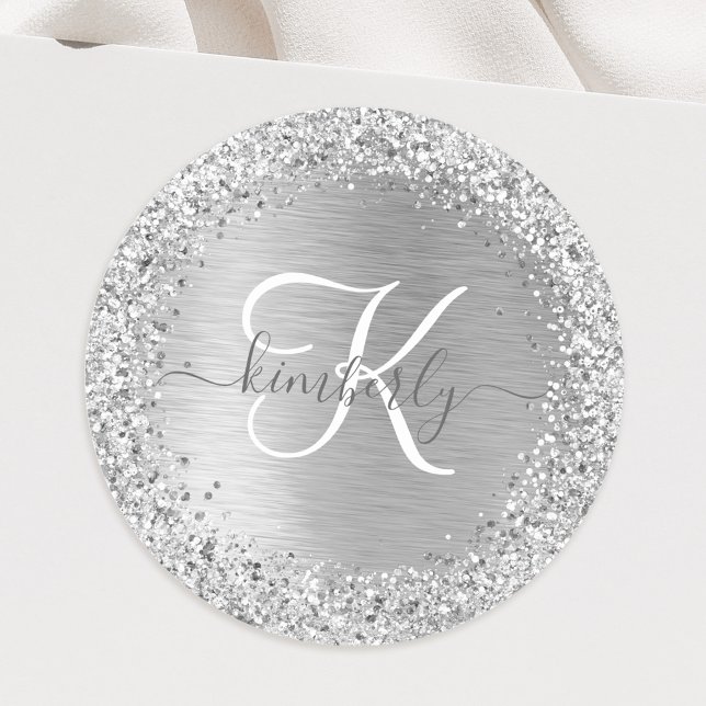 Silver Brushed Metal Glitter Monogram Name Classic Round Sticker (Creator Uploaded)