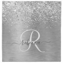 Silver Brushed Metal Glitter Monogram Name Cloth Napkin