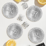Silver Brushed Metal Glitter Monogram Name Coaster Set<br><div class="desc">Easily personalize this trendy chic coaster set design featuring pretty silver sparkling glitter on a silver brushed metallic background.</div>