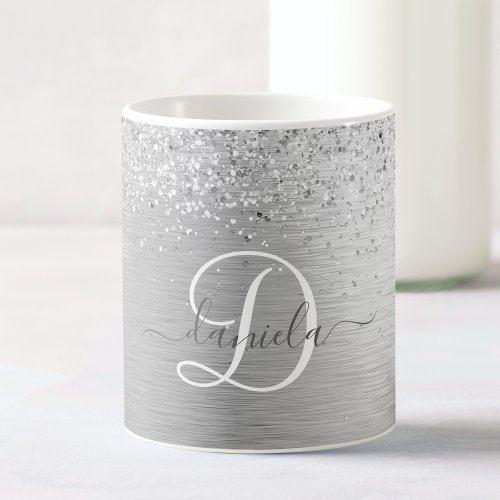 Silver Brushed Metal Glitter Monogram Name Coffee Mug