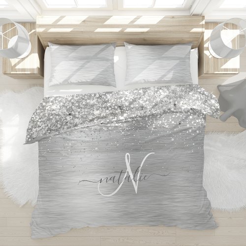 Silver Brushed Metal Glitter Monogram Name Duvet Cover