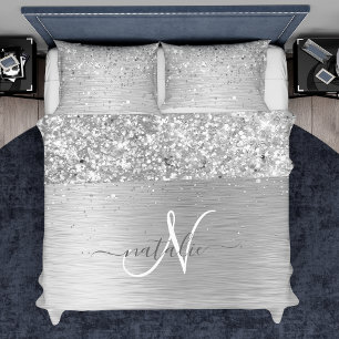 Silver Brushed Metal Glitter Monogram Name Duvet Cover