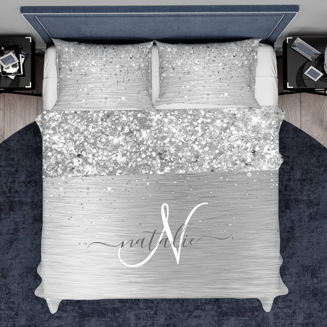 Silver Brushed Metal Glitter Monogram Name Duvet Cover (Creator Uploaded)