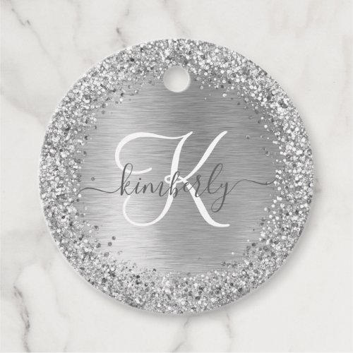 Silver Brushed Metal Glitter Monogram Name Favor Tags