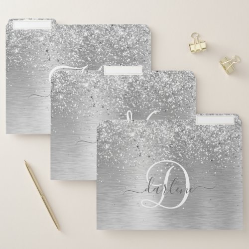 Silver Brushed Metal Glitter Monogram Name File Folder