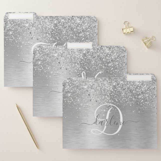 Silver Brushed Metal Glitter Monogram Name File Folder (Set)
