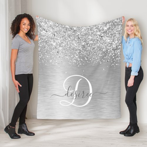 Silver Brushed Metal Glitter Monogram Name Fleece Blanket