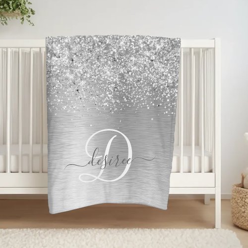 Silver Brushed Metal Glitter Monogram Name Fleece Blanket