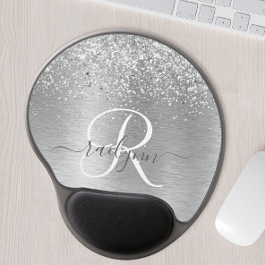 Silver Brushed Metal Glitter Monogram Name Gel Mouse Pad