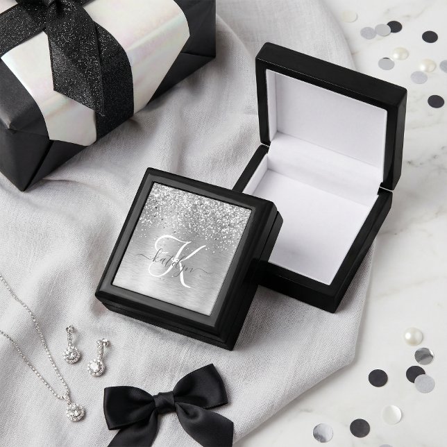 Silver Brushed Metal Glitter Monogram Name Gift Box (Creator Uploaded)