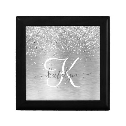 Silver Brushed Metal Glitter Monogram Name Gift Box