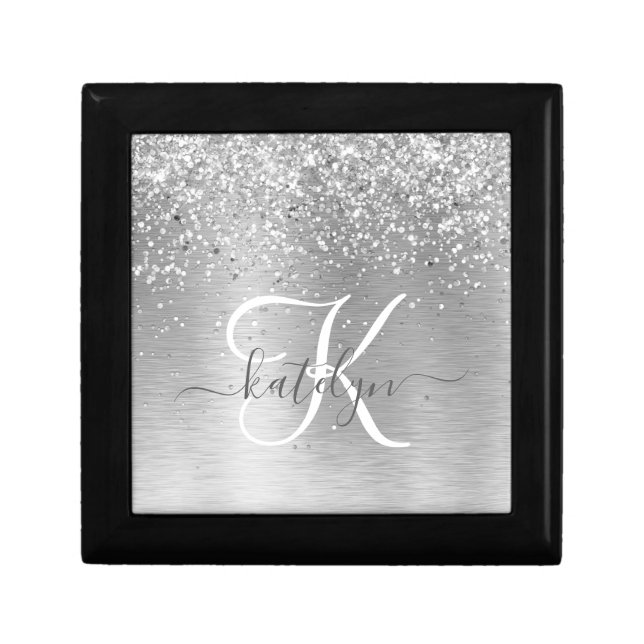 Silver Brushed Metal Glitter Monogram Name Gift Box (Front)