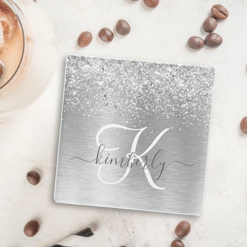 Silver Brushed Metal Glitter Monogram Name Glass Coaster