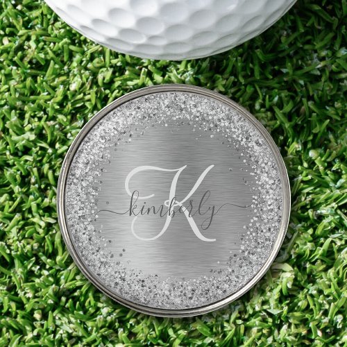 Silver Brushed Metal Glitter Monogram Name Golf Ball Marker