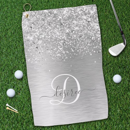 Silver Brushed Metal Glitter Monogram Name Golf Towel