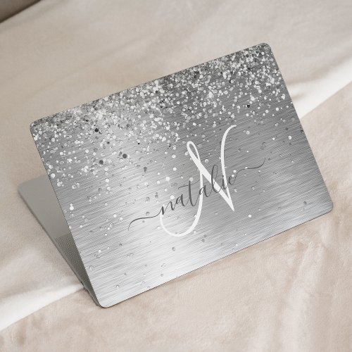 Silver Brushed Metal Glitter Monogram Name HP Laptop Skin