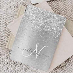 Silver Brushed Metal Glitter Monogram Name iPad Air Cover