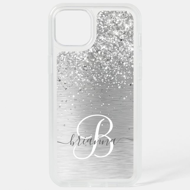 Silver Brushed Metal Glitter Monogram Name iPhone 15 Plus Case (Back)