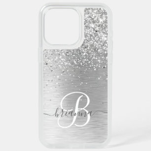 Silver Brushed Metal Glitter Monogram Name iPhone 15 Pro Max Case