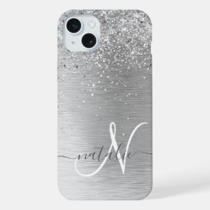 Silver Brushed Metal Glitter Monogram Name iPhone 15 Plus Case