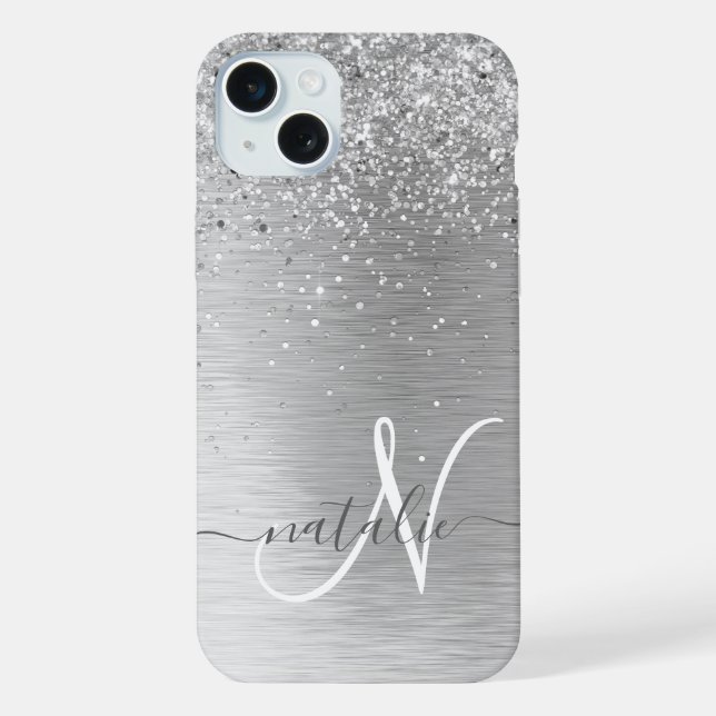 Silver Brushed Metal Glitter Monogram Name Iphone Case (Back)