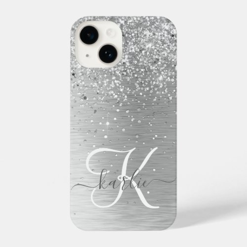 Silver Brushed Metal Glitter Monogram Name iPhone 14 Case
