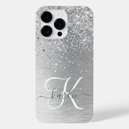 Silver Brushed Metal Glitter Monogram Name iPhone 14 Pro Max Case