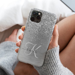 Silver Brushed Metal Glitter Monogram Name iPhone 14 Pro Case