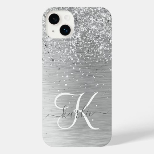  Silver Brushed Metal Glitter Monogram Name iPhone 14 Plus Case