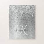 Silver Brushed Metal Glitter Monogram Name Jigsaw Puzzle<br><div class="desc">Easily personalize this trendy puzzle design featuring pretty silver sparkling glitter on a silver brushed metallic background.</div>