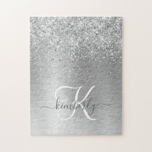Silver Brushed Metal Glitter Monogram Name Jigsaw Puzzle