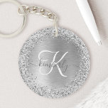 Silver Brushed Metal Glitter Monogram Name Keychain<br><div class="desc">Easily personalize this trendy chic keychain design featuring pretty silver sparkling glitter on a silver brushed metallic background.</div>