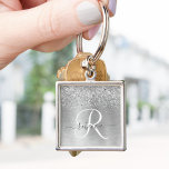 Silver Brushed Metal Glitter Monogram Name Keychain<br><div class="desc">Easily personalize this trendy chic keychain design featuring pretty silver sparkling glitter on a silver brushed metallic background.</div>