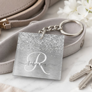 Silver Brushed Metal Glitter Monogram Name Keychain