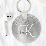 Silver Brushed Metal Glitter Monogram Name Keychain<br><div class="desc">Easily personalize this trendy chic keychain design featuring pretty silver sparkling glitter on a silver brushed metallic background.</div>