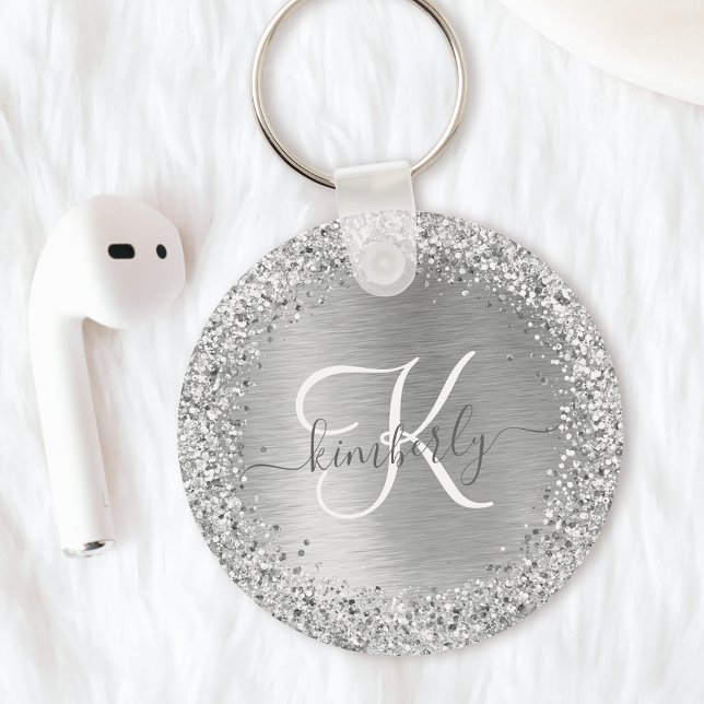 Silver Brushed Metal Glitter Monogram Name Keychain (Creator Uploaded)
